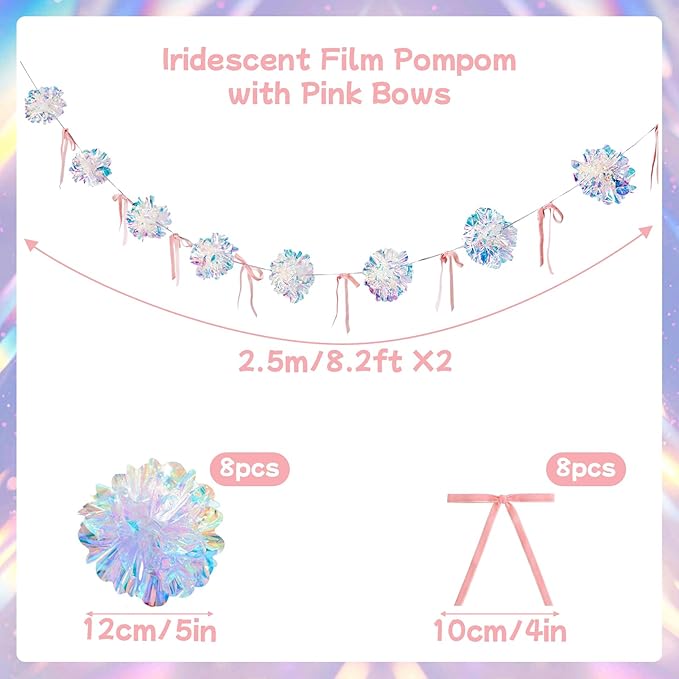 Iridescent Party Decorations, Iridescent Pompom Garland with Pink Bow Banner 1 Piece, Shimmering Mantel Garland for Birthdays, Weedings, Girls Party Decorations