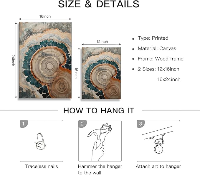 IBHJSART Framed Tree Ring Canvas Wall Art Vintage Colorful Wood Stump Painting Prints Modern Minimalist Pictures Neutral Nature Rustic Farmhouse Decor Living Room Bedroom Bathroom Office