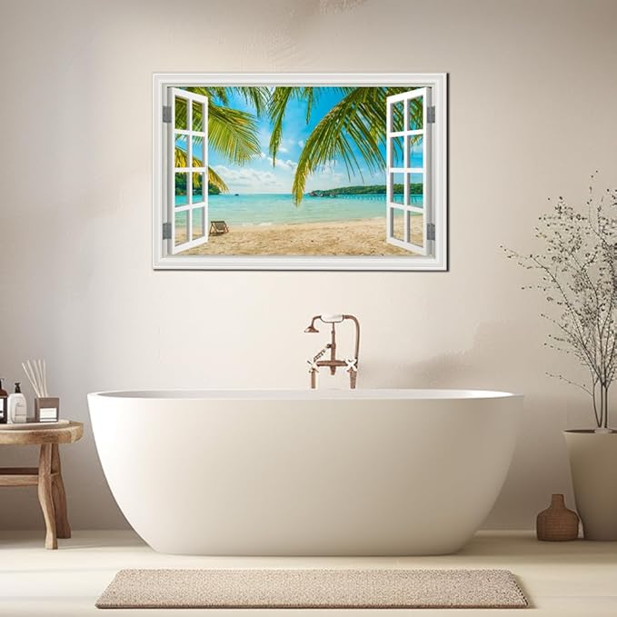 Beach Wall Art Decor Tropical Ocean Canvas Picture for Living Room White Window Frame Style Blue Seascape Paiting for Bedroom Coastal Theme Landscape for Home Office Decorations Ready to Hang(24"*36")