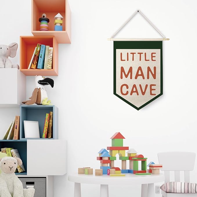 Qpenm Little Man Cave Hanging Wall Canvas Banner,Kids Room Hanging Pennant Flag Prints,Nursery Hanging Wall Canvas Banner,Nursery Wall Art Decor,Baby Boy Nursery Decor