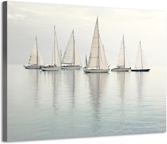 Nautical Sailing Picture Wall Art - Coastal Sailboat Canvas Ocean Ship Prints Sea Level Boat Painting Artwork for Bathroom