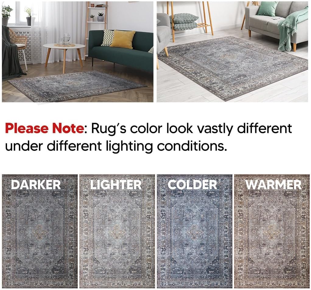 Keen Home Design 5x7 Rug - Machine Washable Area Rug with Non-Slip Backing, Ideal for Living Room, Dining Room, Bedroom - Vintage, Easy Clean, Durable, Low Pile Rug - (5' x 7')