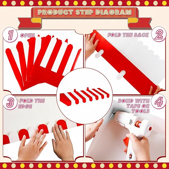 Boao 4 Pack Circus Awning Decoration 3D Stripe Cardboard Awning Carnival Wall Decor Circus Party Favors for Lemonade Stand Bakery Ice Cream Truck Bulletin Board(Red and White,Striped Style)