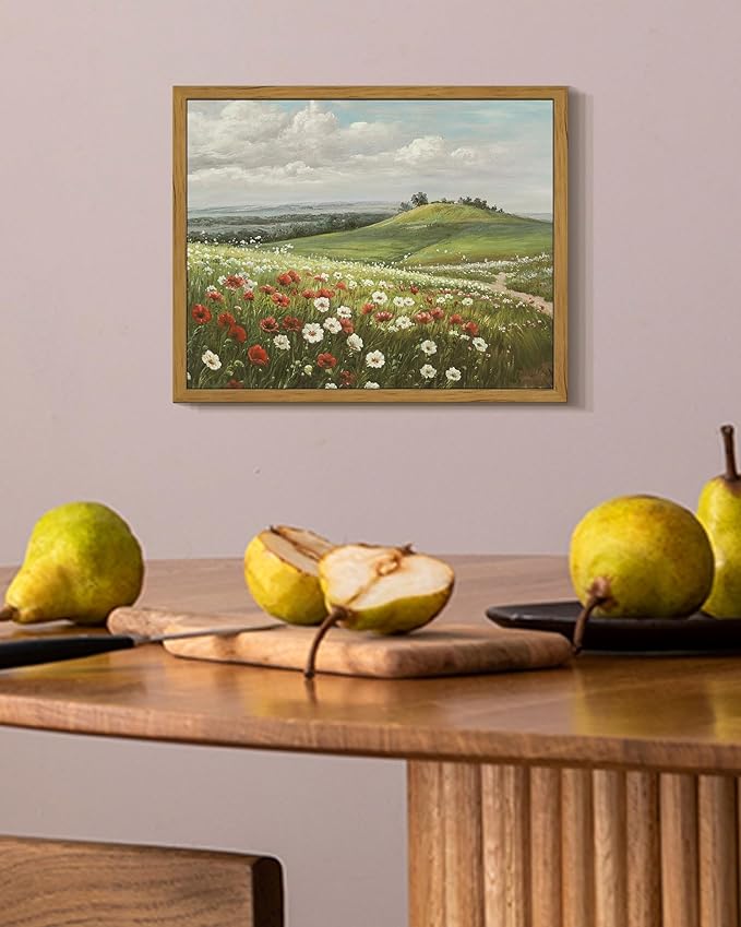 SHENIFY Vintage Landscape Framed Wall Art Meadow with Flowers Scenery Farmhouse Decor Rustic Retro Grassland Floral Field Painting for Kitchen Living Room Bedroom Bathroom - 8x10in Natural Framed