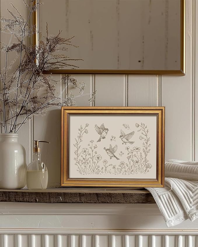 InSimSea Gold Framed Canvas Prints Wall Art, Vintage Nursery Decor, Birds in the Flowers Animal Line Paintings Wall Decor Aesthetic, Neutral Pictures for Bedroom Living Room Shelf, 12x16inch