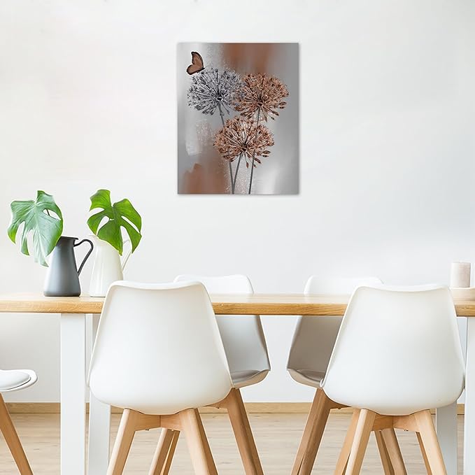 LB Vintage Abstract Dandelion Flower Wall Art Farmhouse Brown and Grey Floral Butterfly Canvas Wall Art Modern Minimalist Wall Decor for Bedroom Bathroom Living Room Framed Ready to Hang 10L x 8W