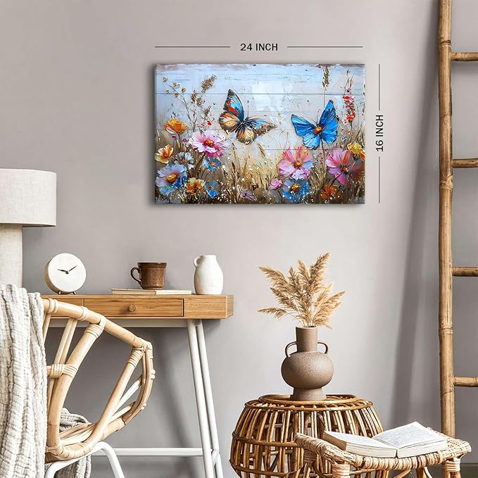 Butterfly Wall Art for Bedroom Colorful Wildflower Wall Decor Flowers Canvas Prints Pictures Farmhouse Bloom Floral Poster Abstract Nature Artwork Kitchen Living Room Home Decoration 16x24"
