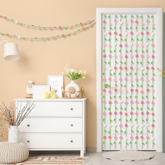 12 Pcs Handmade Crochet Flower Garland Decor Knitting Spring Floral Garland Hanging Ornaments Boho Door Curtains Decoration for Backdrop Wall Window Fireplace Bedroom Birthday Wedding Party