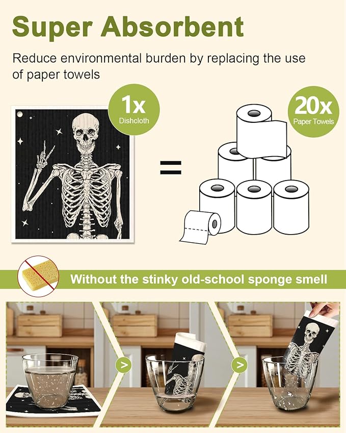 Swedish Dishcloths for Kitchen - 5 Pack Reusable Dish Cloths for Washing Dishes Absorbent Cute Funny Kitchen Towels Cleaning Sponge, Skull Design
