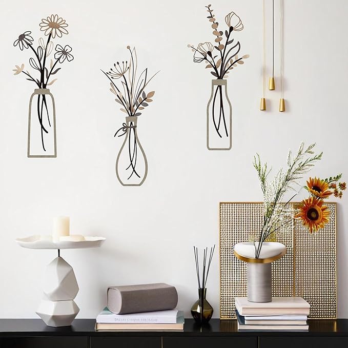Nonforgetta 3 Pieces Metal Flowers Wall Arts - Rustic Farmhouse Style Décor Metal Wall Art Black Minimalist Flower Natural Themed Wall Decors for Home Bedroom Dining Room Housewarming (Brown)