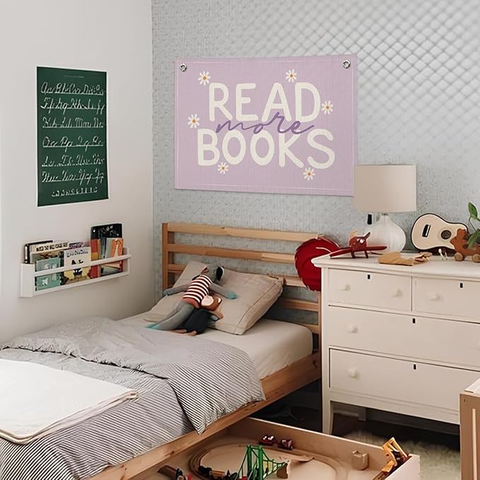 Reading Nook Read More Books Banner - Purple Book Lover Decor, Classroom Pastel Reading Party Decorations, Kids Library Wall Hanging, Daisy Flower Linen Canvas Flag for Nursery, Playroom, Homeschool, 20x30 Inch
