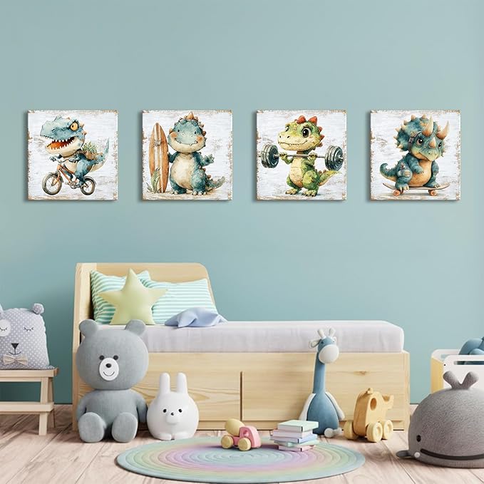 Cute Dinosaur Wall Art Kids Room Decor Cartoon Sport Dino Canvas Pictures for Nursery Baby Boys Girls Bedroom Decor Dinosaur Bike Surfboard Weights Posters Artwork Toddler Home Decorations 12x12” 4Pcs