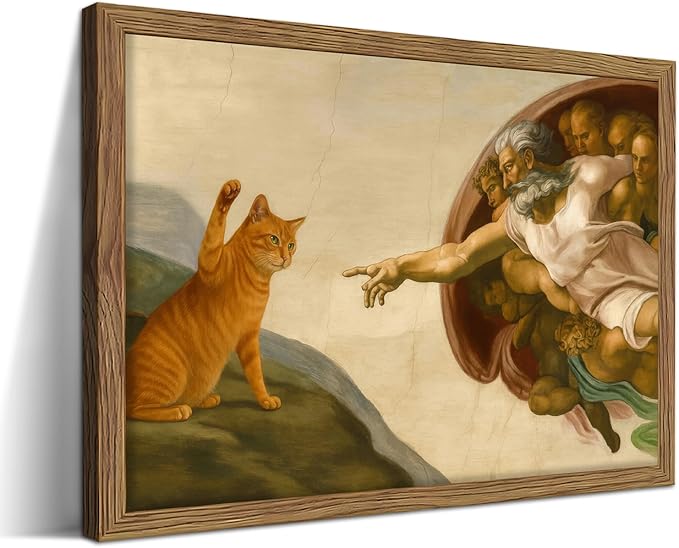 Framed Vintage Cat Canvas Wall Art, Funny Orange Cat Parody Classic Masterpiece Prints, Renaissance-Inspired Animal Artwork, Retro Humorous Wall Decor for Living Room Bedroom Playroom – 8x10 inch