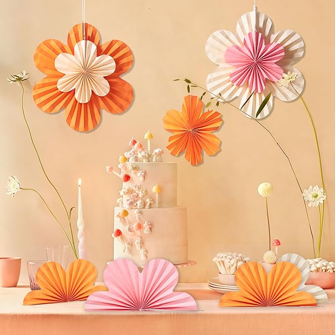 Paper Flowers Decorations for Wall Pink and Orange Paper Fans Classroom Decoration Paper Floral Backdrop Decor Paper Fans Decoration Hanging Paper Fans Pink Flower Wall Decor, Set of 9