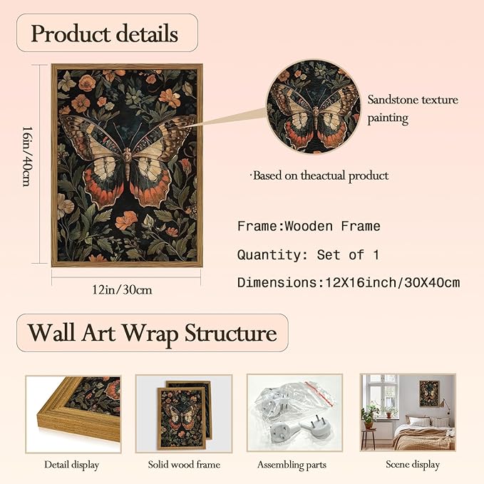 Framed Vintage Butterfly Wall Art, Dark Academia Flowers Insect Pictures Wall Decor Paintings, 3D Textured Sandstone Nature Botanical Prints for Living Room Bedroom Office Home Decor 12x16 inch