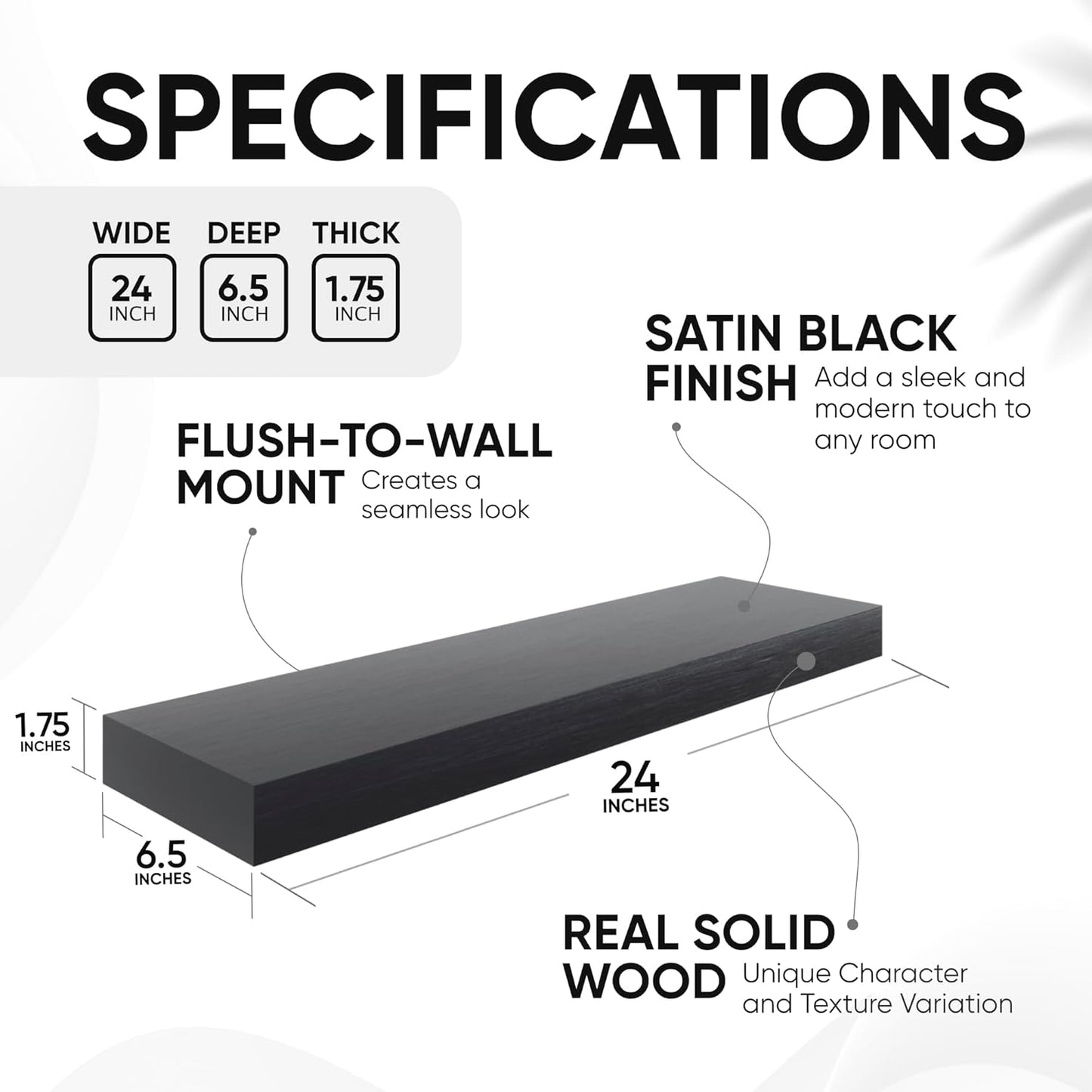 Homeforia Black Floating Shelves 24 inch, High End Solid Real Wood 24inch Bathroom Floating Shelf for Wall Mounted, Black Wooden 24in Floating Shelves, Heavy Duty Bracket, 24 X 6.5 X 1.75 in, Set of 4