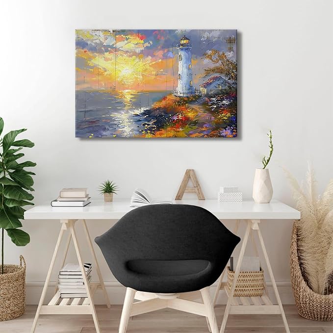 Lighthouse Wall Art Abstract Beach Wall Decor Sunset Coastal Canvas Prints Painting Ocean Landscape Picture Modern Seascape Artwork for Kitchen Bedroom Living Room Home Decoration 24x36"