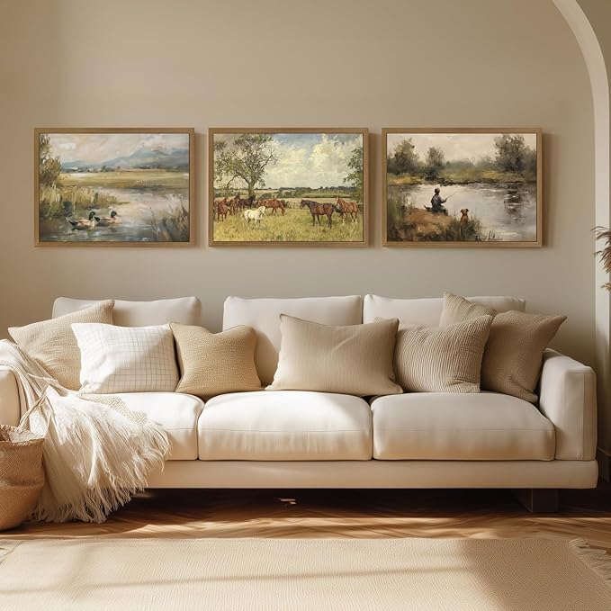 Clicyre Vintage Fishing Wall Art Canvas Print for Boys Room - Rustic Country Farmhouse Landscape, Boy with Dog Lake Pond Scenery, Cabin Lake House Decor for Bedroom Bathroom, Wood Framed 12x16 Inch