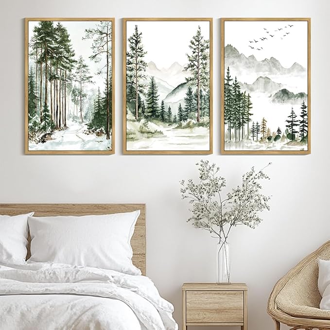 Drsoum Green Tree Forest Mountain Framed Wall Art Nature Landscape Prints Morden Wilderness Artwork Hallway Bedroom Ready to Hang 24x36in Natural Framed
