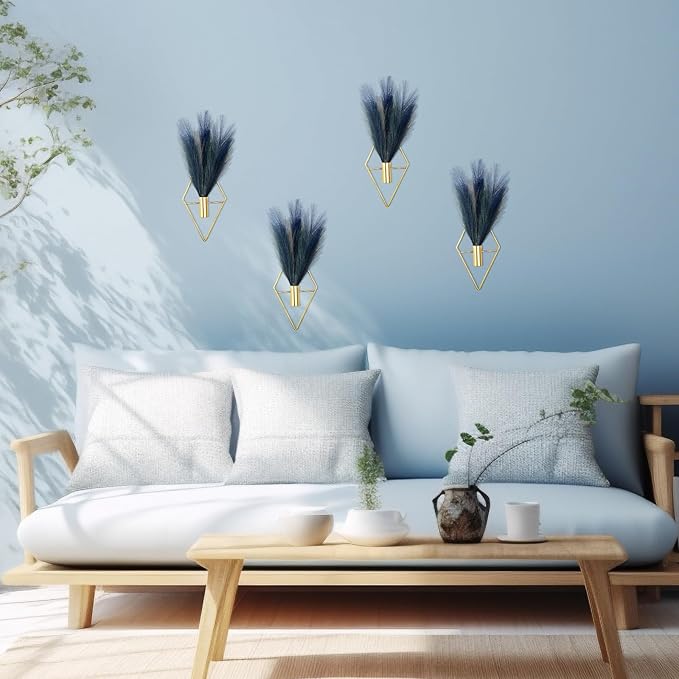 Hanaive 4 Sets Boho Wall Decor Metal Wall Art Hanging Planters with Artificial Pampas Display Modern Home Vase for Bedroom Home Office(Mazarine, Turquoise, Peacock Blue, Light Gray,Gradient Blue)