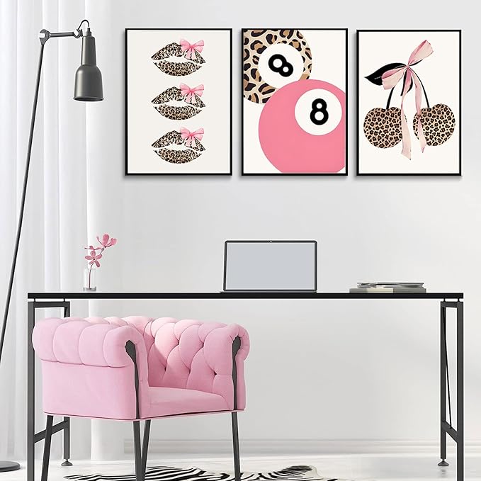 Trendy Pink Leopard Bow Wall Art Set of 3 Funky Cherry Lucky 8 Ball Posters Prints Cute Coquette Preppy Room Aesthetic Wall Decor Pictures for Girls Bedroom Apartment Dorm Unframed 12x16in