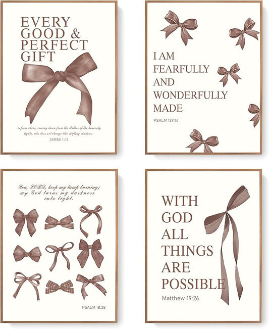 LARTSFRO Coquette Brown Bow Wall Art Decor Posters, Chocolate Brown Bow Room Bedroom Bathroom Dorm Wall Art Decor Aesthetic for College Teen Girls Gifts, Inspirational Bible Verses Bow Wall Decor, 12x16 Inch Set of 4 Pcs Bow Pictures (UNFRAMED)