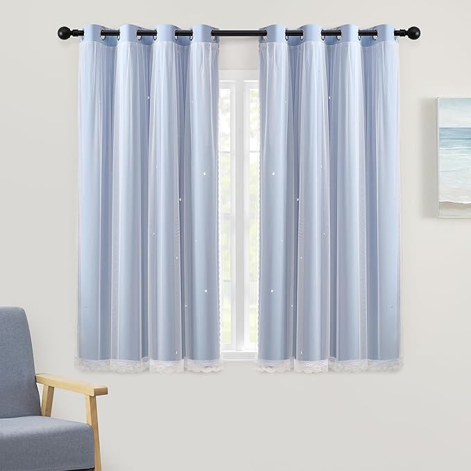 XiDi Light Blue Blackout Curtains for Girls Bedroom Living Room 63 Inches Long 2 Panels Star Curtains Boys Kids Room Darkening Thermal Insulated Drapes Grommet Noise Reduction Window Treatments 52x63