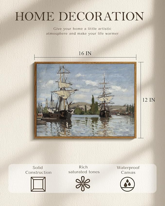 Vintage Framed Nautical Coastal Wall Art 12x16 Inch, Seascape Sailing Ship Canvas Print Boat Oil Painting, Classic Harbor Artwork Living Room Bedroom Office Bathroom Home Decor Gift