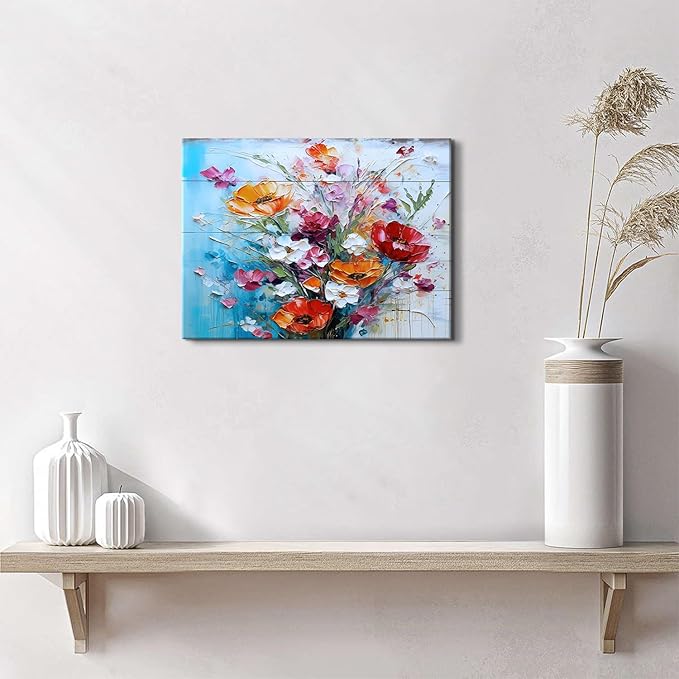Colorful Flower Wall Art for Living Room Decor Red Wildflowers Painting Orange Botanical Prints Wall Decor Modern Abstract Watercolor Floral Artwork for Girls Bedroom Bathroom Home Decorations 12x16"