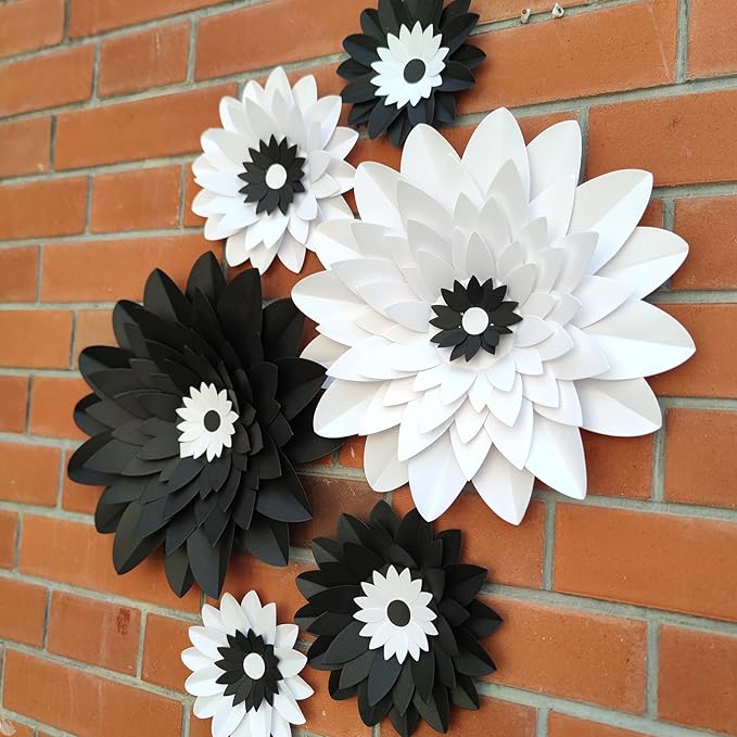 Black White Paper Flower for Wall (11''-7'' Assorted) DIY Floral Party Backdrop Nursery Room Baby Shower Girls Birthday New Year Party Photo Backdrop Pack of 6