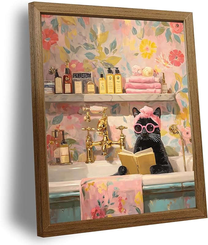 Funny Black Cat Bathroom CanvasWall Art Elegant Cat Bathtub Print Decor Humorous Girly Pink Artwork for Bedroom Restroom Powder Room Office 8x10inch Framed