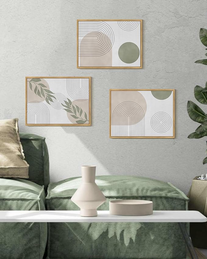 Drsoum Green Bohemian Wall Art Framed Boho Plant Sage Wall Decor Abstract Geometry Artwork Bedroom Home Office Living Room Prints Ready to Hang 11x14in Natural Framed