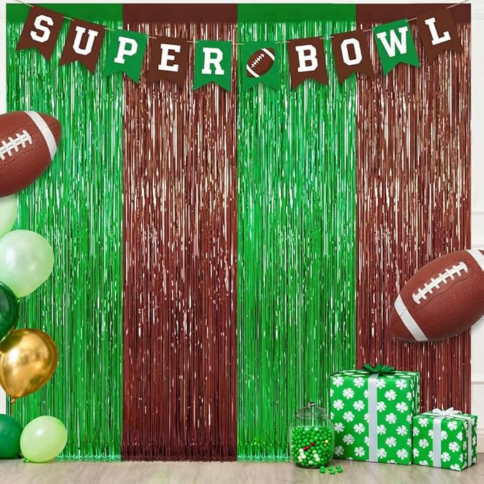 2 Pack Football Party Decorations, 3.28 FT x 6.58FT Tinsel Backdrop, Green Brown Foil Fringe Curtains Metallic Party Streamer, Football Party Supplies Game Day Decorations 2026 Birthday Party Supplies