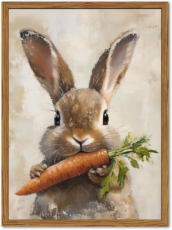 Framed Vintage Rabbit Canvas Wall Art, Cute Easter Bunny with Carrot Pictures Wall Decor, Spring Farmhouse Animal Paintings Prints Cottagecore Home Decor for Living Room Kitchen Nursery 16x24 inch
