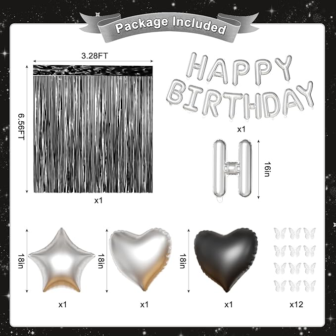 Black and Silver Birthday Decorations for Men Women, Black White Silver Confetti Balloons Happy birthday Banner Butterfly Fringe Curtains for 21st 25th 27th 30th Birthday Decorations
