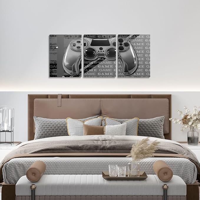 Feelyou Gamer Canvas Wall Art 12" x 16" 3 Piece Game Controller Office Wall Artwork Posters for Teens Adults Gaming Gifts Bathroom Wall Art for Home Gamepad Grey and Black Wall Painting