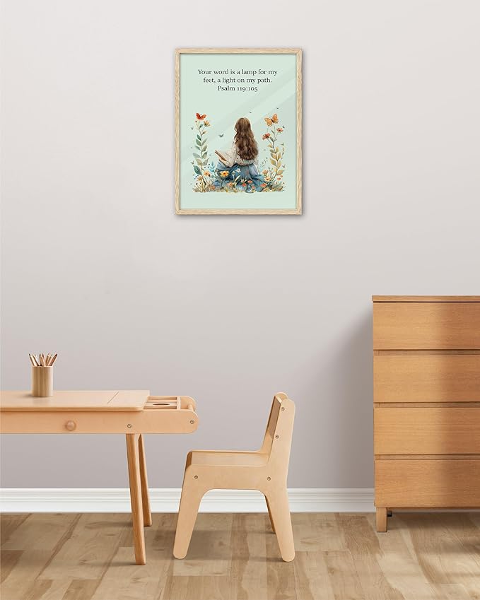 KensTro Natural OAK Wood Nursery Decor Framed Wall Art, 12x16 in Inspirational Christian Bible Verse Wall Art,Word of God Young Girl Reading Scripture Art Print for Boys Girls Bedroom Decor Set of 1