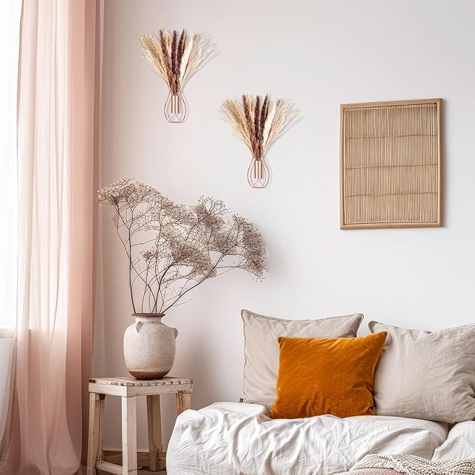 2 Pcs Boho Wall Decor Metal Wall Art Hanging Planter with Artificial Pampas Wall-Mounted Modern Home Decor Display Artwork Plant Hanging Vase for Bedroom Living Room Bathroom (Rose Gold)