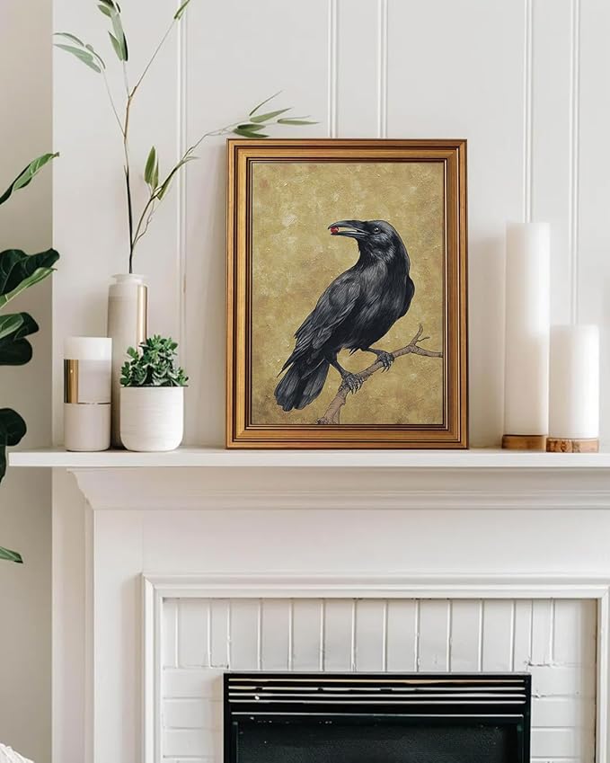 InSimSea Gold Framed Canvas Prints Wall Art, Vintage Birds Decor, Funny Crow Gemstone Paintings Farmhouse Wall Decor Aesthetic, Antique Pictures for Bedroom Living Room Shelf, 12x16inch
