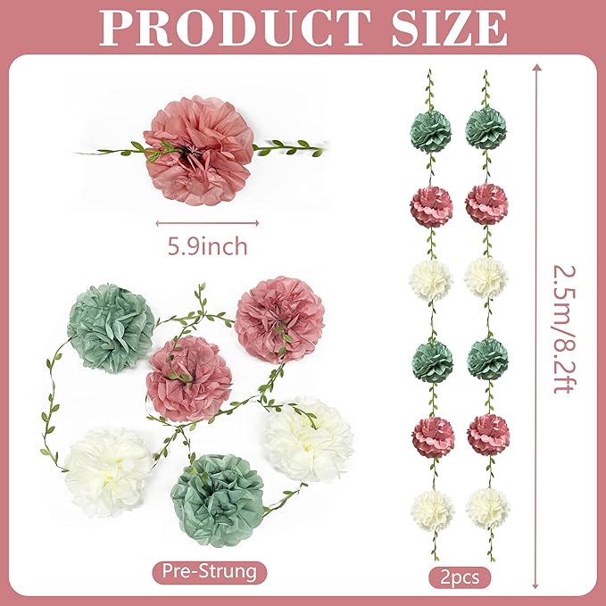 Sage Green Dusty Rose Pink Beige Tissue Paper Flowers Pom Pom with Leaf Ribbon Hanging Garland Streamer for Girl Safari Woodland Jungle Baby Shower Birthday Wedding Garden Party Decorations Supplies