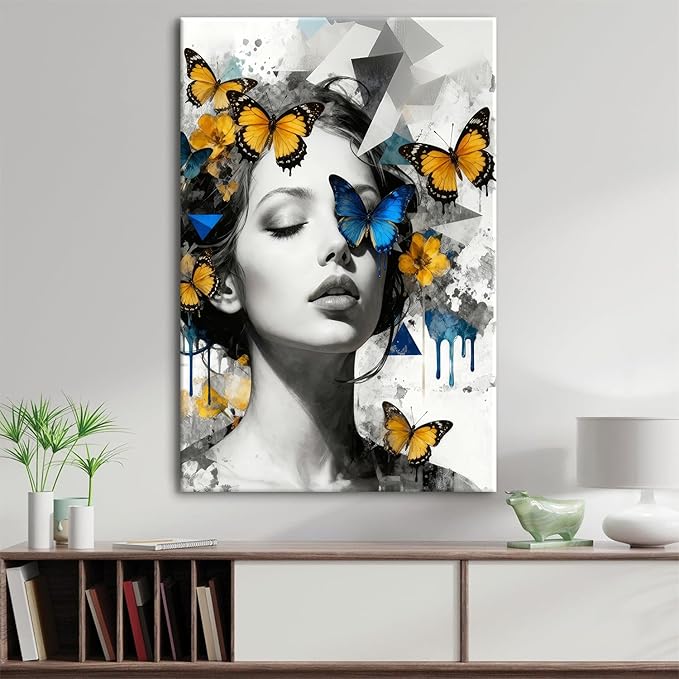 Women Butterfly Wall Art Abstract Feminine Canvas Artwork for Bedroom Black and White Woman Portrait Prints Paintings Yellow Blue Butterfly Posters for Living Room Bathroom Home Decorations 24x36"