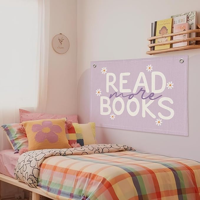 Reading Nook Read More Books Banner - Purple Book Lover Decor, Classroom Pastel Reading Party Decorations, Kids Library Wall Hanging, Daisy Flower Linen Canvas Flag for Nursery, Playroom, Homeschool, 20x30 Inch