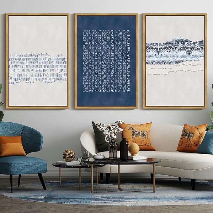 Drsoum Blue Abstract Boho Framed Wall Art Large 24x36in Minimalist Mid-Century Modern Wall Decor Geometric Artwork Kitchen Dining Room Black Framed