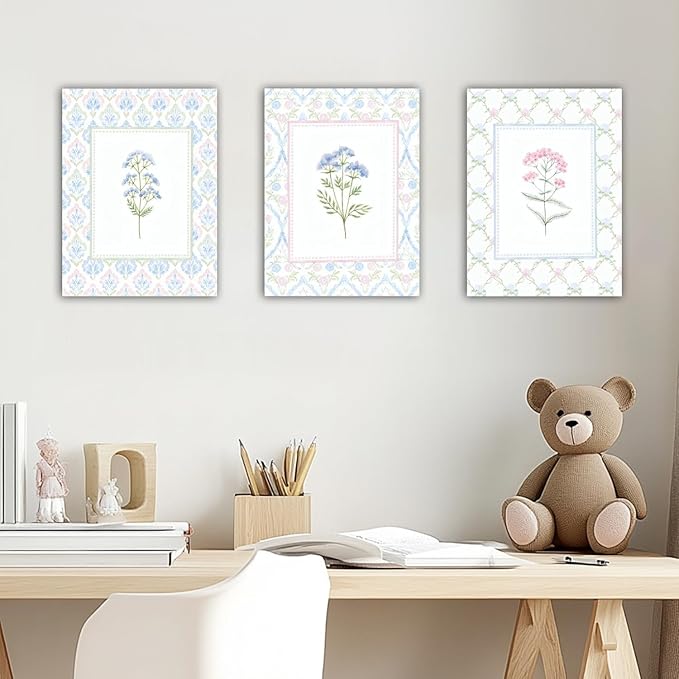 Wildflower Nursery Wall Art Decor Baby Girl Room Canvas Prints Pastel Floral Wall Art Botanical Flower Pictures Pink Blue Wildflower Painting Artwork for Baby Nursery, Kids Room, or Girls Bedroom, Boho Nursery Wall Decor16x24 Inch Framed