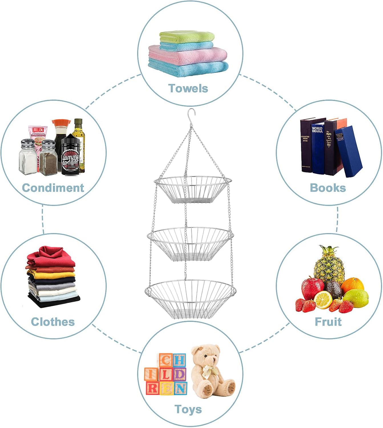 3-Tier Wire Fruit Hanging Basket 2 Packs, non-Punching Wall Hanging Storage, Kitchen Bathroom Organization Basket, Suitable for Bathroom, Kitchen, Closet, Garden, Chrome