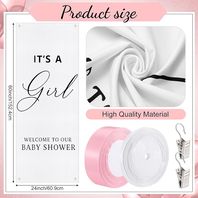 Oudain 24x60 Inch It's a Girl Burlap Banner, Baby Shower Fabric Backdrop with Pink Ribbons and Hooks, Rustic Boho Photo Props Sign for Gender Reveal Party Wall Hanging Indoor Outdoor Decoration