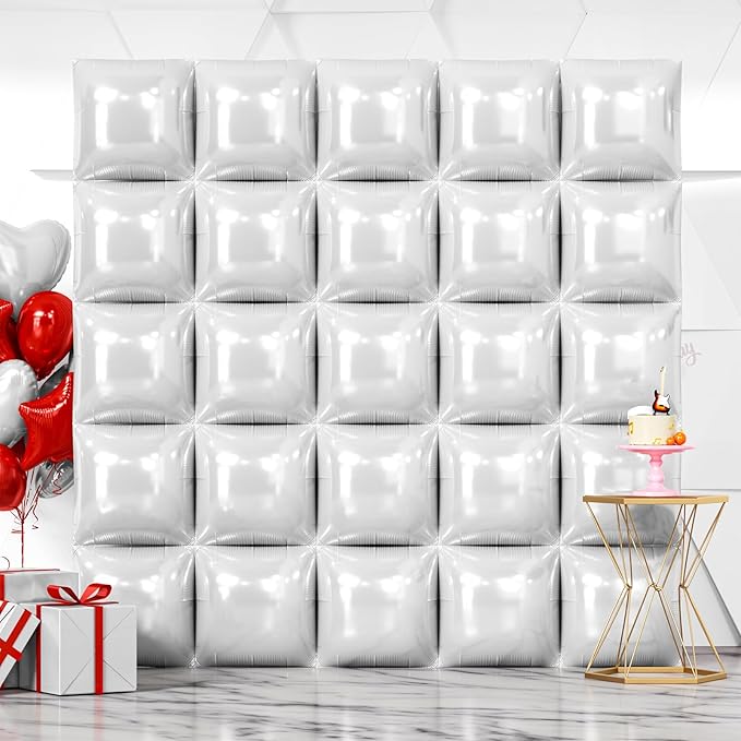 NISOCY 25PCS White Square Foil Balloons Wall Backdrop Double Sided White Balloons Tunnel Arch Kit for Birthday Wedding Baby Shower Party Decoration