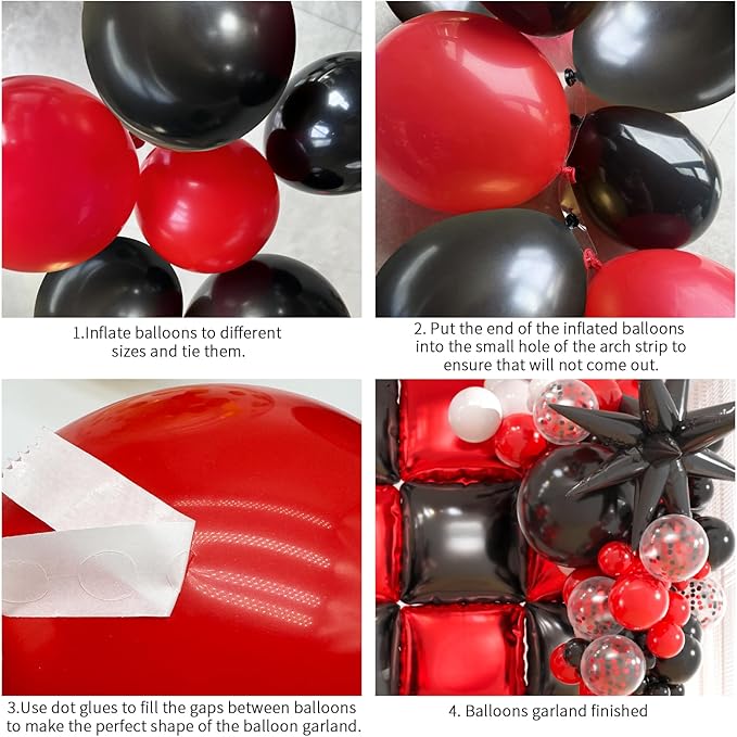 25pcs Black and Red Foil Square Balloon Backdrop Wall with 146pcs Black Red White Balloons Arch, Double Sided Balloon Tunnel with 3 Star Balloons for Racing Car Birthday New Year Party Decor