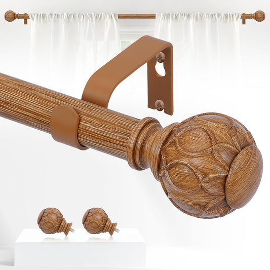 Wood Boho Curtain Rods for Windows:18-60Inch Wooden Farmhouse Curtain Rod for Bedroom Living Room,Heavy Duty Adjustable Rustic Decorative Drapery Rods with Vintage Imitation Wood Finial,Brown