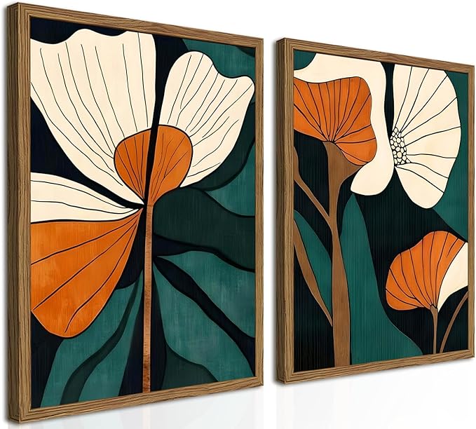 Mid Century Modern Flower Wall Art Vintage Abstract Botanical Wall Decor Painting Set of 2 Mid Century Boho Dark Floral Poster Canvas Print Pictures for Living Room Bedroom 16x24 inch Wood Framed